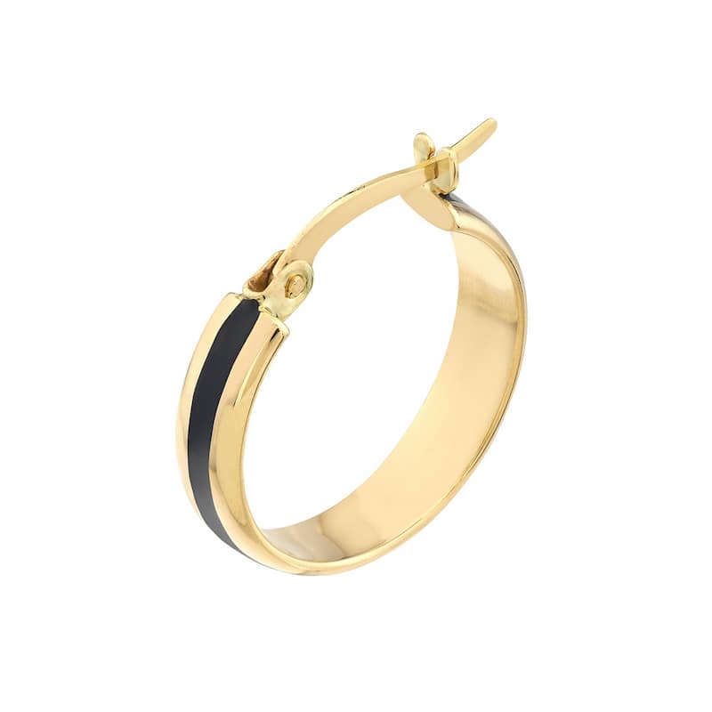 Curata 14k Yellow Gold 15x4mm Black Enamel Round Hoop Earrings