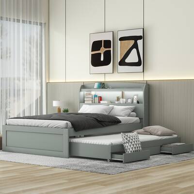 Full XL Size Platform Bed with Headboard, Trundle and 2 Drawers, Gray