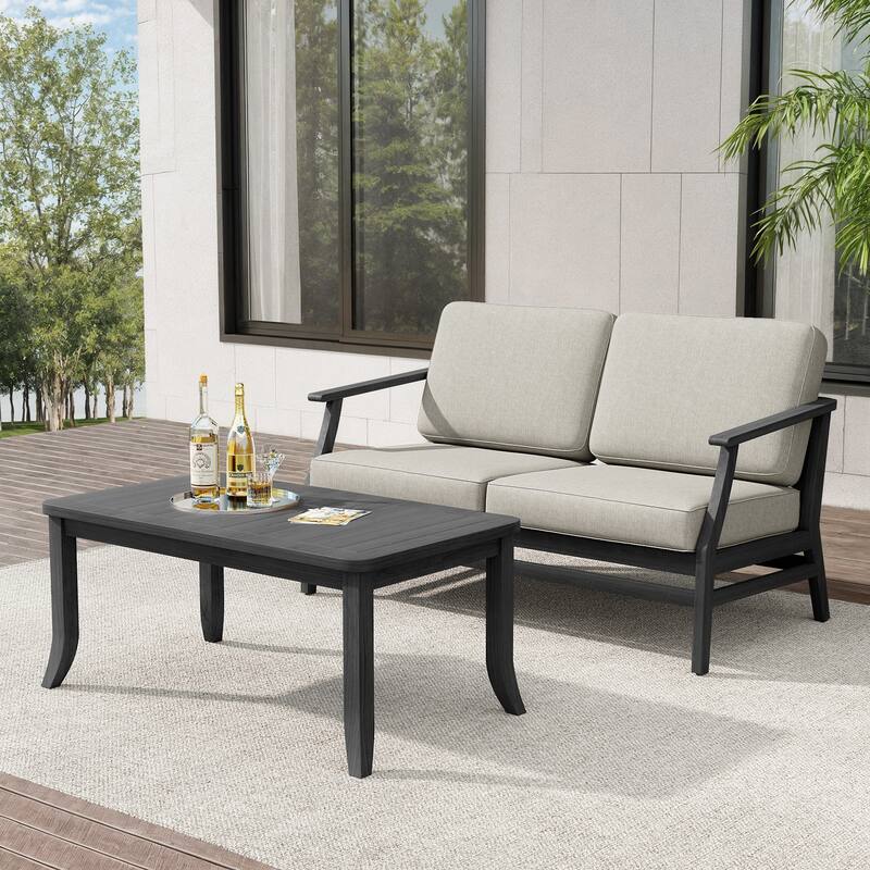 Teak Outdoor Patio Loveseat and Coffee Table Set (2-Piece) - Light Camel - Black Wood