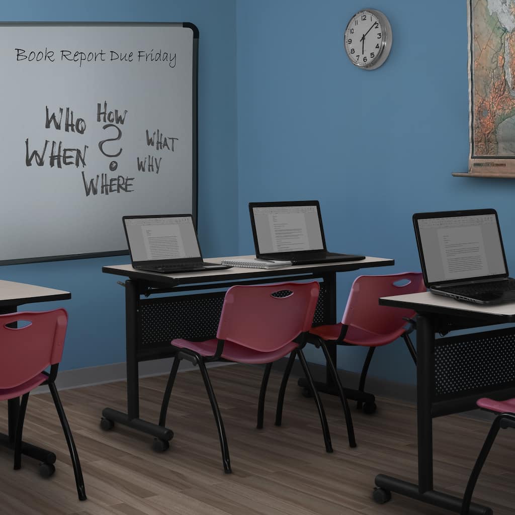 48" x 30" Flip Top Mobile Training Table with Modesty Panel- Maple and 2 "M" Stack Chairs- Burgundy