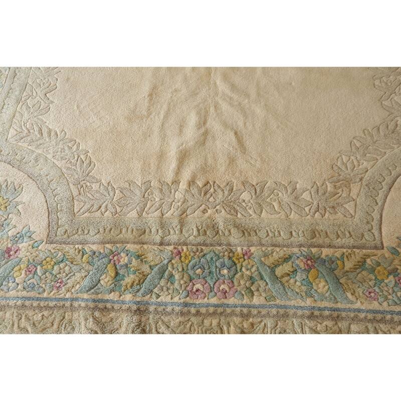11x18 Hand Knotted Wool Beige Plush Pile Traditional Aubusson Savonnerie Rug - 11' x 18'