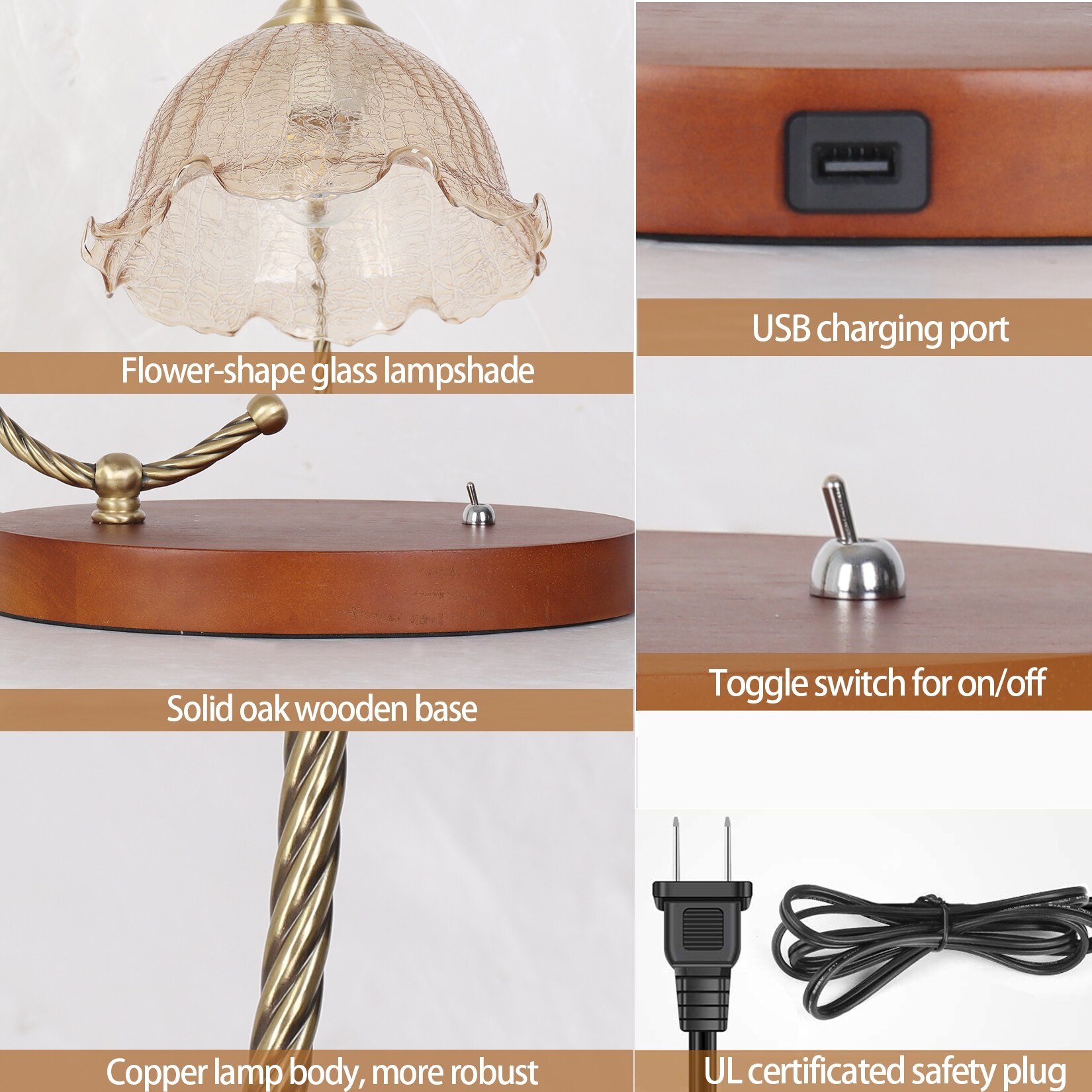 Vintage Flower Glass Table Lamp with Wooden Base USB Charging Port