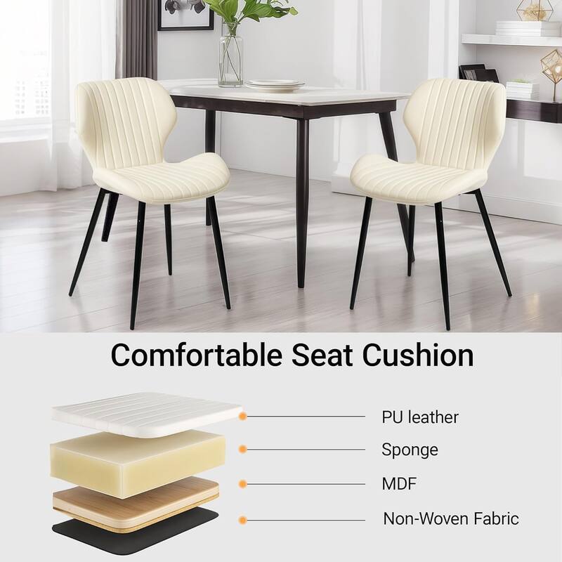 Mid Century Modern Upholstered PU-Dining Chairs with Metal Legs, Set of 2, Beige