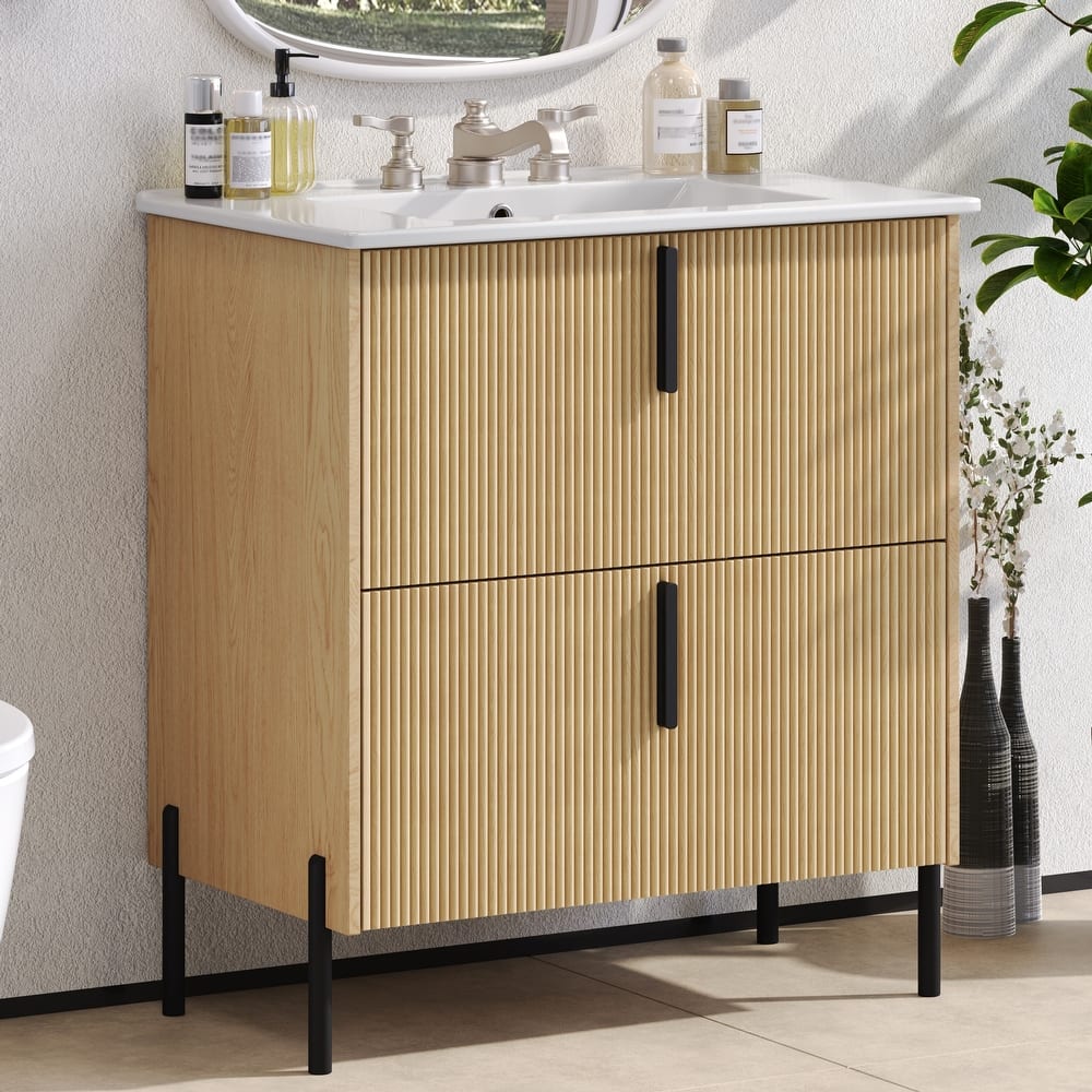 30" Bathroom Vanity with Ceramic Sink and Full-Extension Drawers, Soft Close Undermount Drawer Slides, Fluted Design, Natural