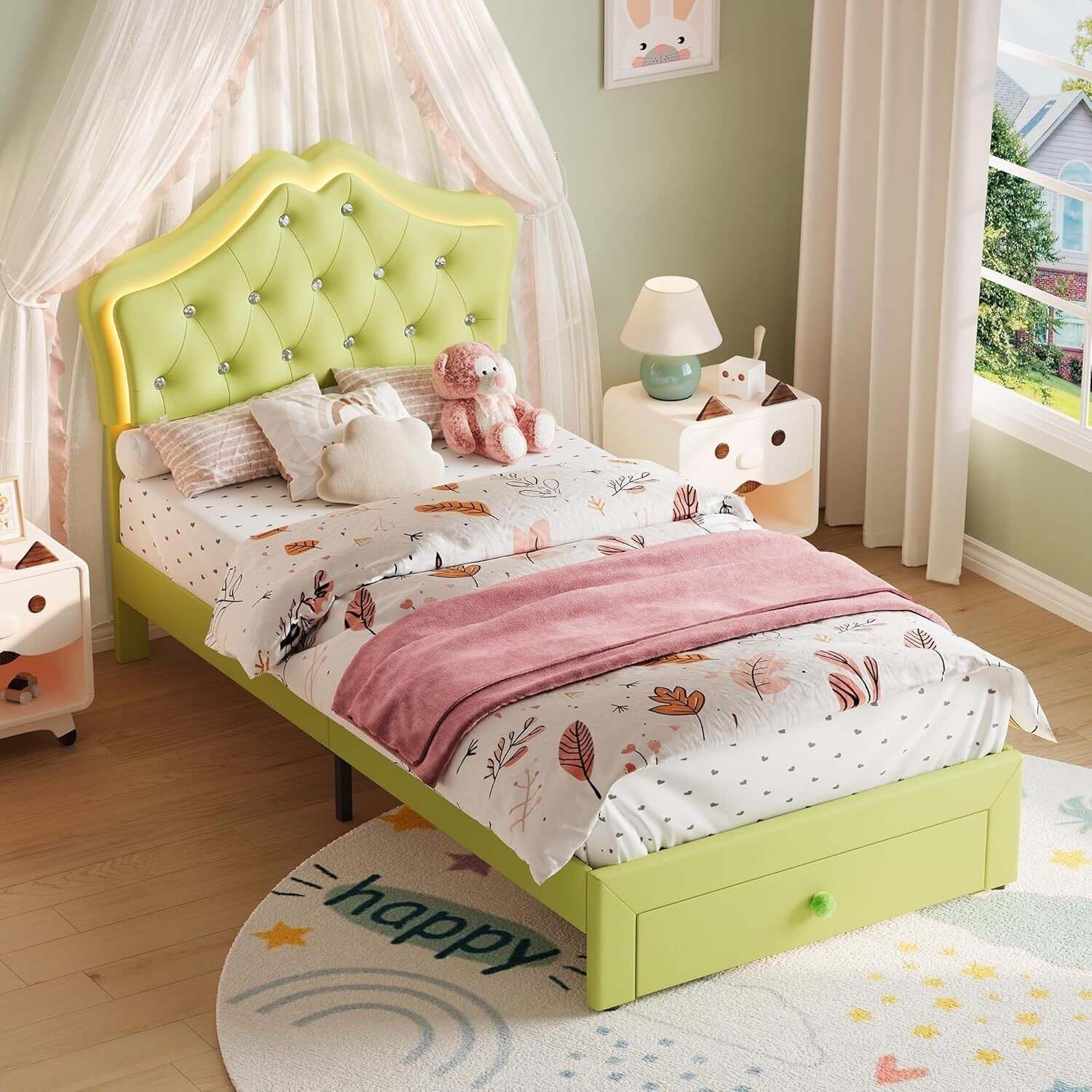 Twin Size Upholstered Bed Frame with LED Lights & Storage Drawer, Faux Leather Platform Bed, Crystal Tufted Headboard