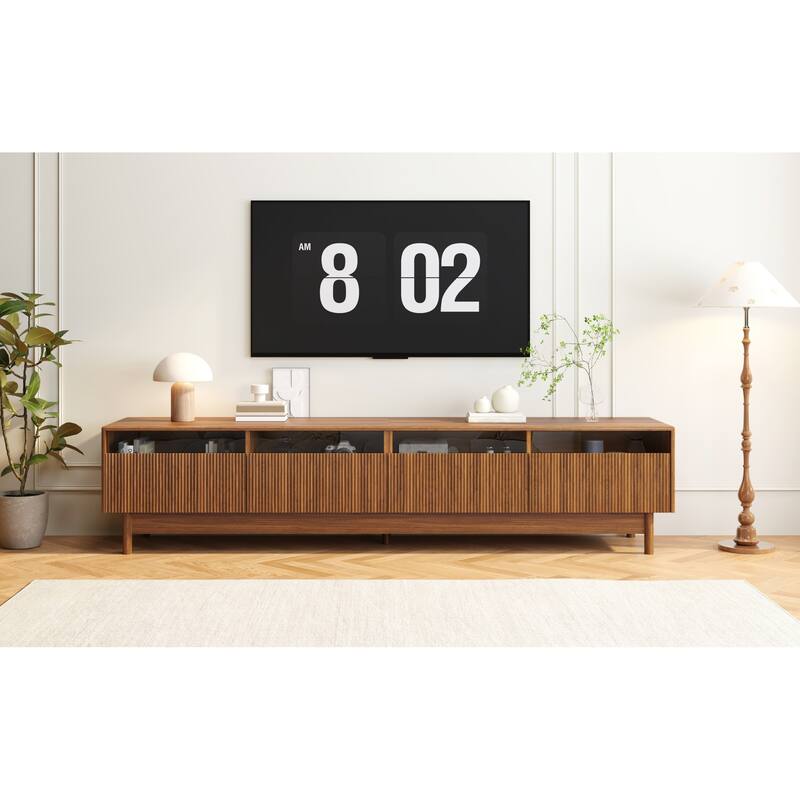 Roomfitters 78 Inch TV Stand for TVs up to 85 Inch, Walnut Media Console Table with Modern Glass Drawers