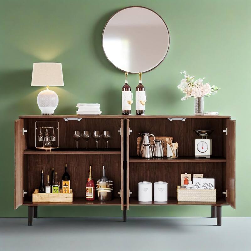 Mid Century Modern Kitchen Cupboard with Adjustable Shelves and Touch Push Doors in Brown - 55.12" x 13.78" x 32.48"