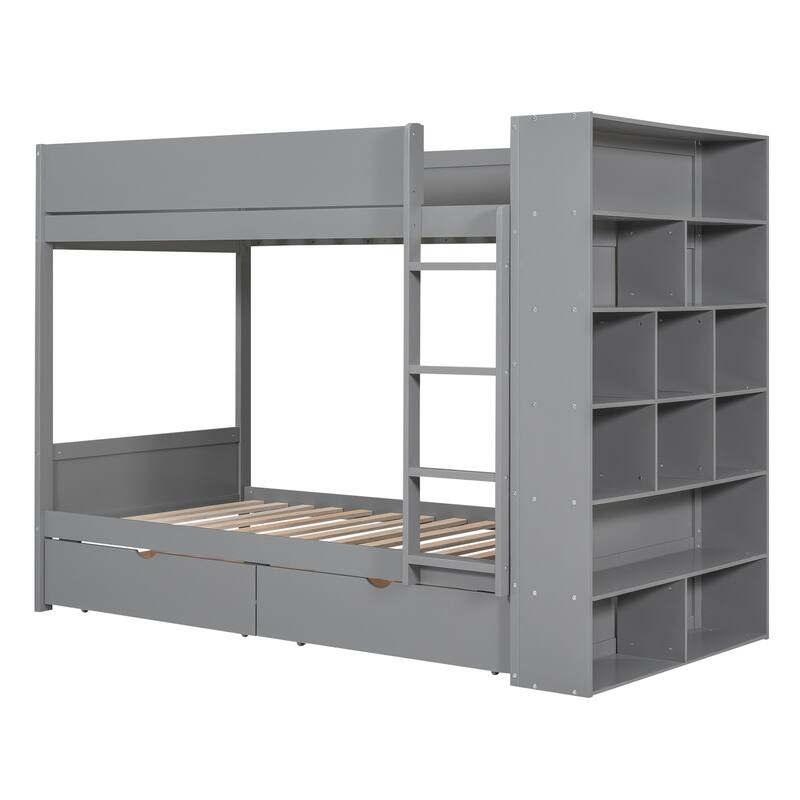 Space-Saving Twin Over Twin Bunk Bed with Drawers and Cabinet, Gray