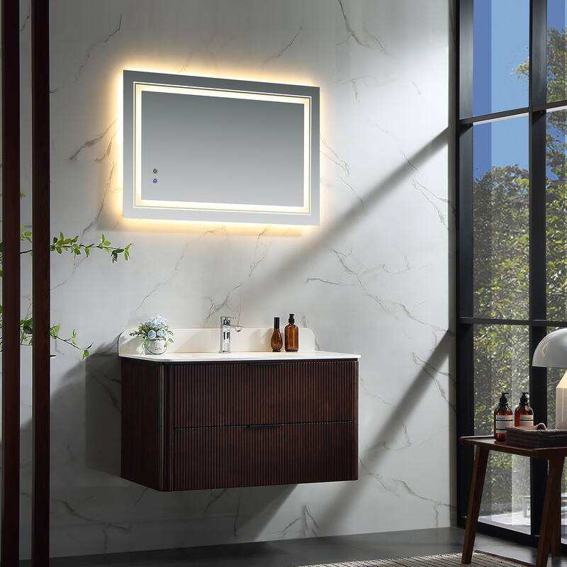 Modland Fluted Floating Vanity with Sink, Plywood Wall Mount Cabinet, Curved Edge, 24/30/36 Inch