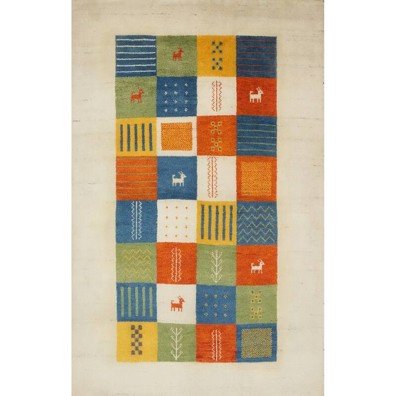 Hand Knotted Oriental 100% Wool Carpet Tribal Geometric Multi-Colored Gabbeh Area Rug - 6' 6'' X 4' 7''