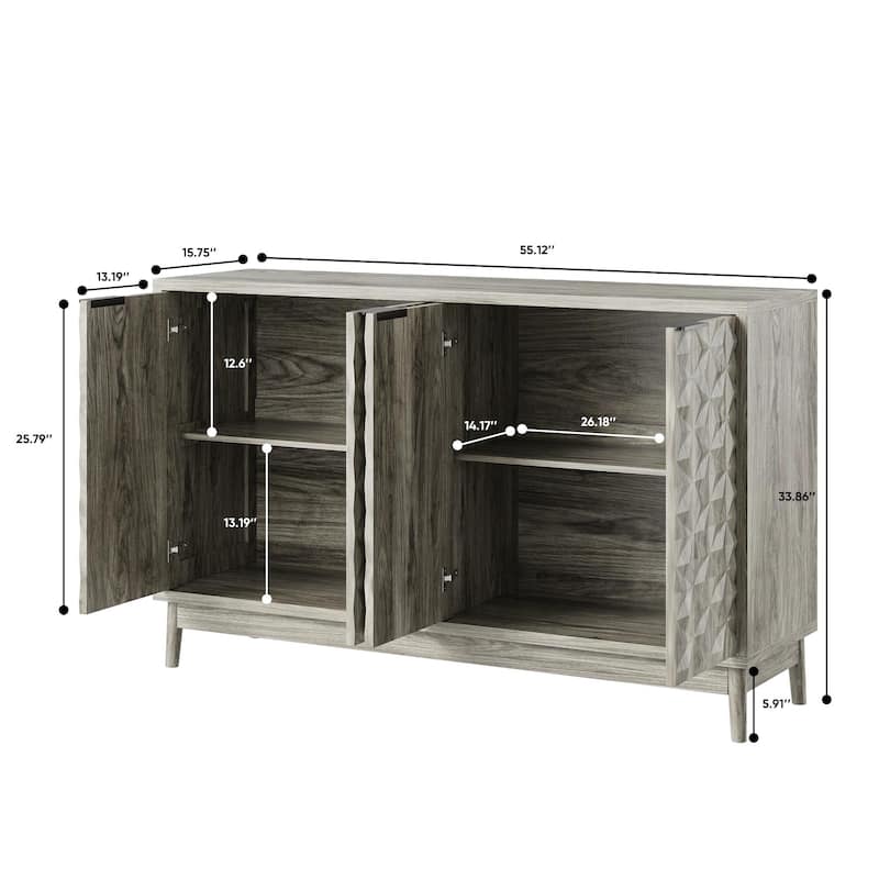 Modern Buffet Cabinet with 4 Relief Doors, Wood Storage Sideboard