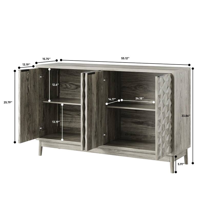 Modern Grey Sideboard Buffet Cabinet with 4 Diamond Relief Doors and Adjustable Shelves for Kitchen or Hallway