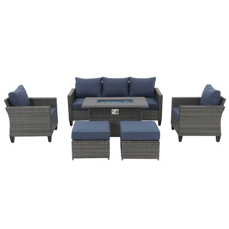 Outdoor 6 Pieces Wicker Sectional Sofa Set with Fire Pit Table