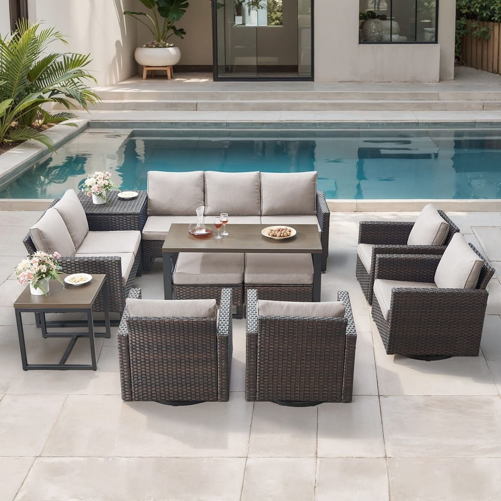 Gymojoy 9 Person Outdoor Courtyard Wicker Family Conversation Set Group With Swivel Chairs And Storage