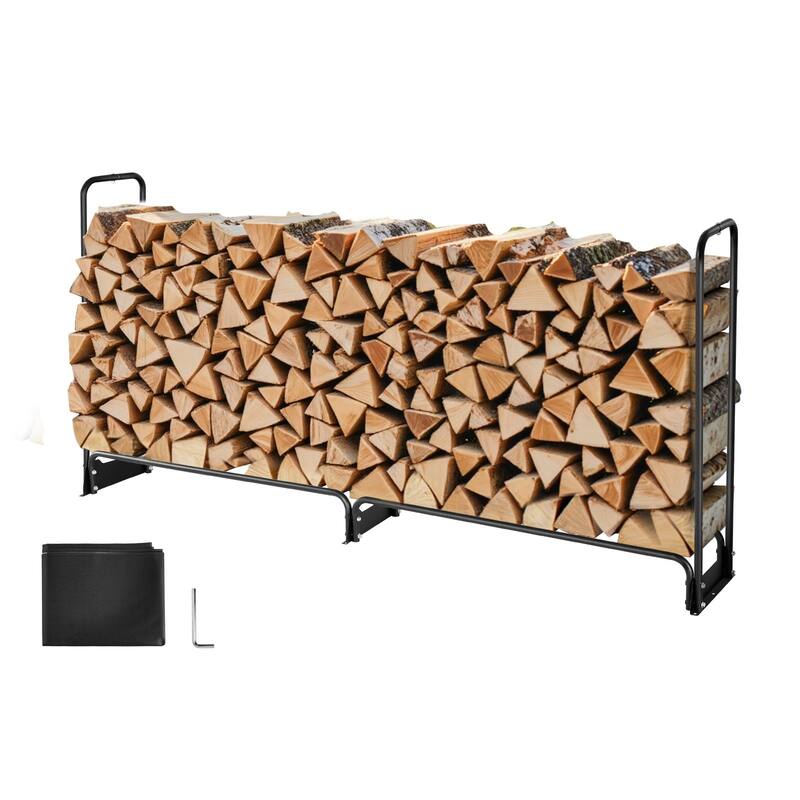 8 Feet Black Steel Firewood Storage Rack with Full-Cover Waterproof Log Protection for Patio or Backyard