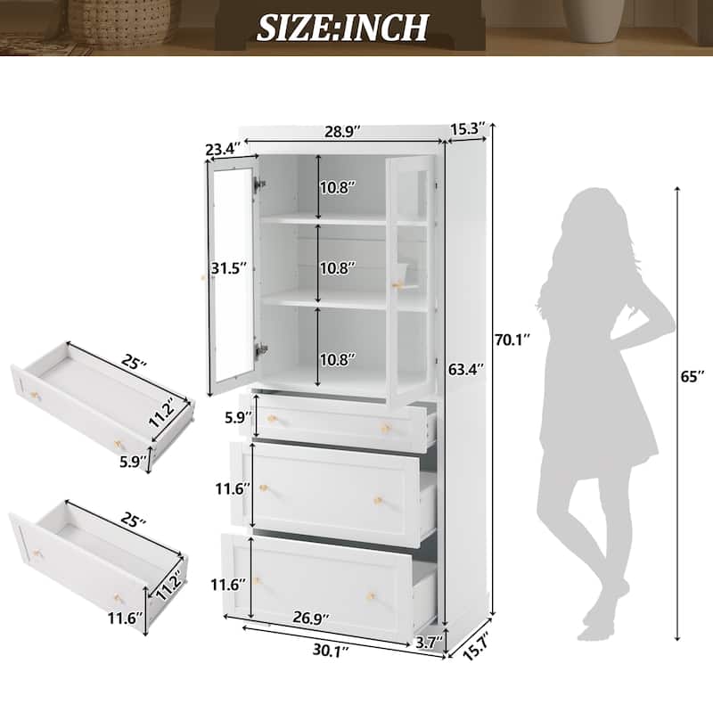 70.1-Inch Modern Freestanding Tall Storage Cabinet with 2 Adjustable Shelves & 3 Soft-Close Drawers – Glass Door Design.