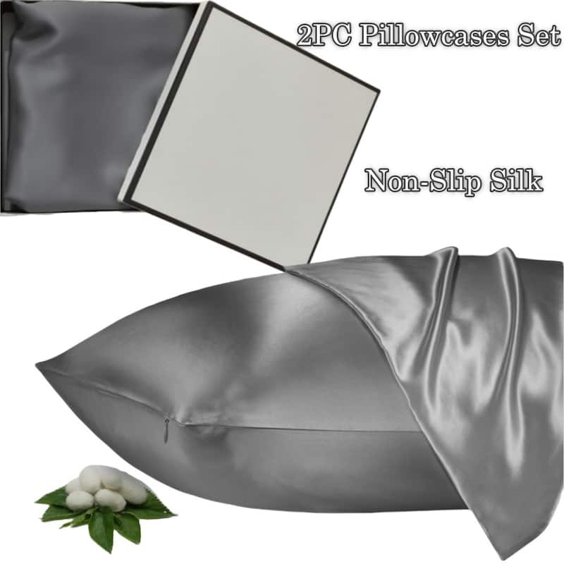 2PCS Anti-slip Mulberry Silk Pillowcase, Soft, Mulberry Silk, Smooth Bed Pillowcase - Dark Grey