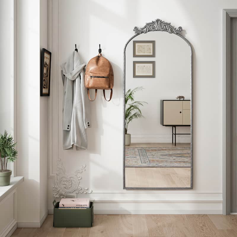 58"x24" Arched Full Body Hanging Wall Mounted Mirror with Vintage Ornate Carved Applique on Top - Antique Silver