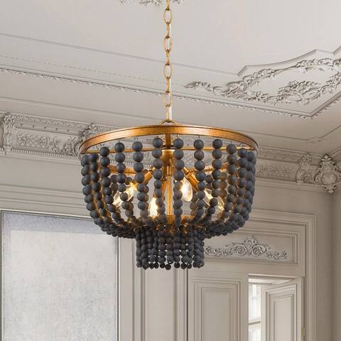 Boho Gold 4-light Black Wood Beads Chandelier Living/ Dining Room Pendant - D 15.5" x H 73.5"