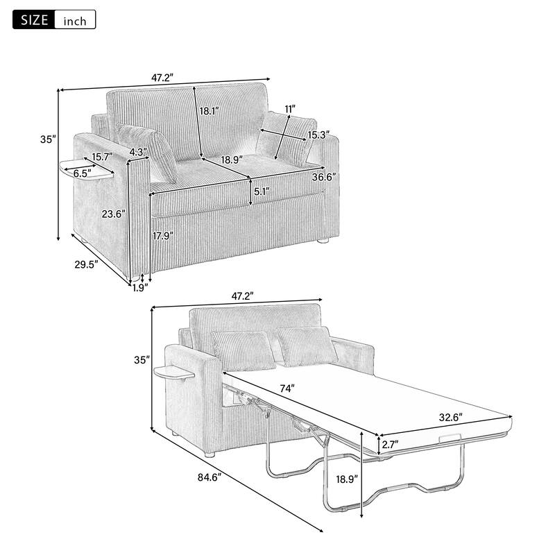 47.2" Twin Size Sleeper Sofa with Foldable Mattress, Side Pocket and 2 USB Ports for Living Room