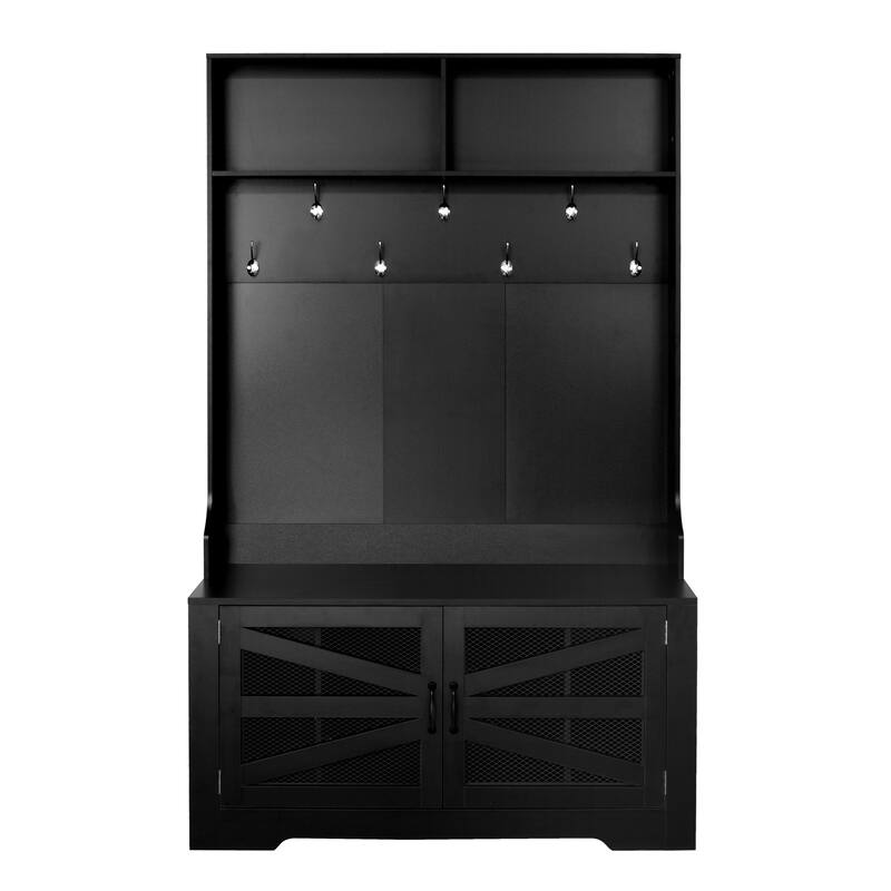 Breathable Hall Tree Cabinet Coat Rack with Adjustable Shelves & Bench Seat, Shoe Storage Cabinet with Wire Mesh Door