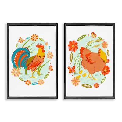Stupell Rooster & Hen with Florals Framed Floater Canvas Wall Art Design By Hannah Moren (Set of 2)