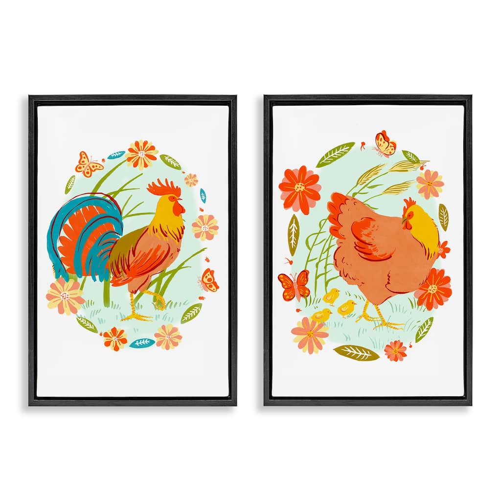 Stupell Rooster & Hen with Florals Framed Floater Canvas Wall Art Design By Hannah Moren (Set of 2)