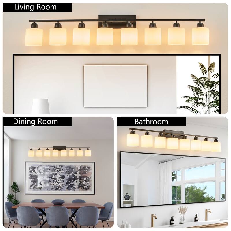 8-Light 52" Matte Black Bathroom Vanity - White Frosted Glass - Wall Sconce for Bedroom, Hallway