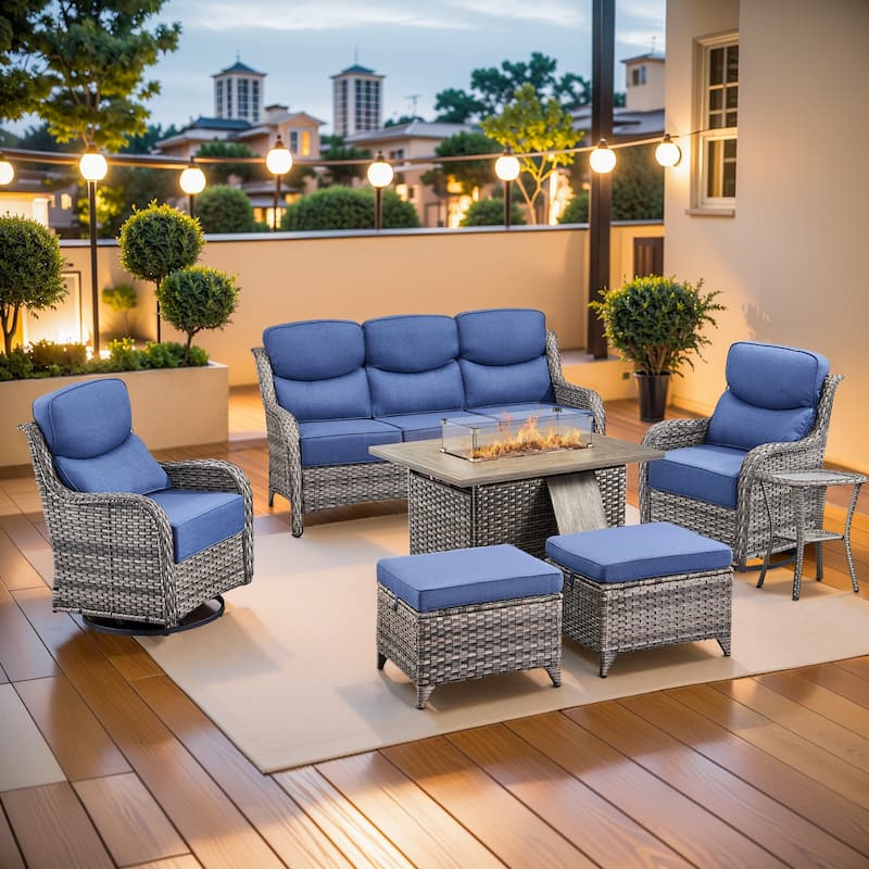 Pocassy Outdoor 6 Inch Sofa Chair Ottoman with Fire Pit Table Set - Grey Wicker Blue Cushion - 7 Pieces Sofa Chair Ottoman Table w/ Fire Table