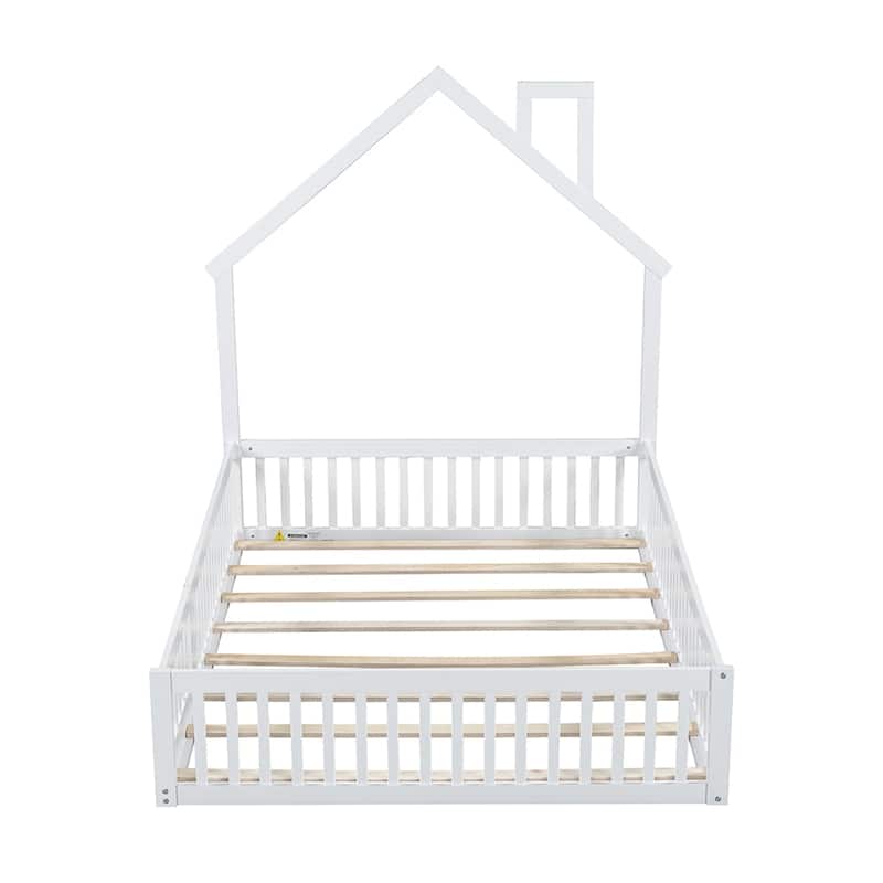 Wood Full Size House Platform Bed with Guardrail