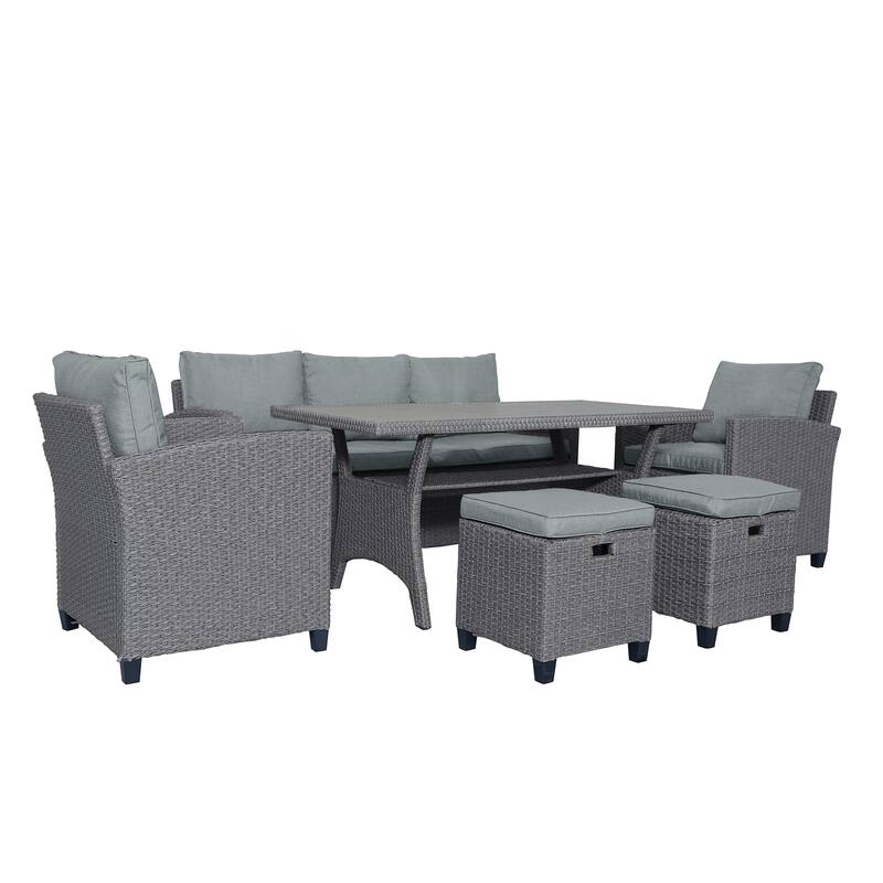 6-Piece Outdoor Patio Rattan Sofa Set with Dining Table, Chair, and Stools
