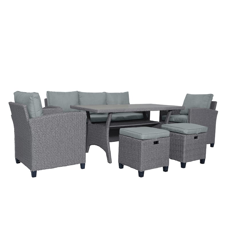 Roomfitters 6-Piece Outdoor Rattan Wicker Patio Garden Set with Sofa, Chair, Stools and Table