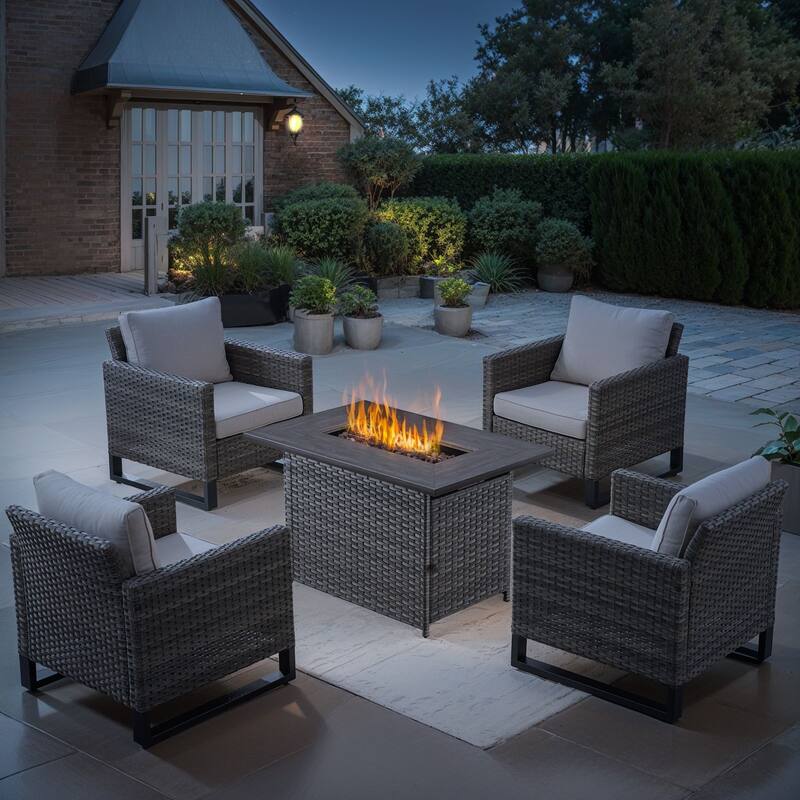 Outdoor Fire Pit Table with Patio Funiture - Grey Wicker Beige Cushion - 4 Patio Chair w/ Fire Table