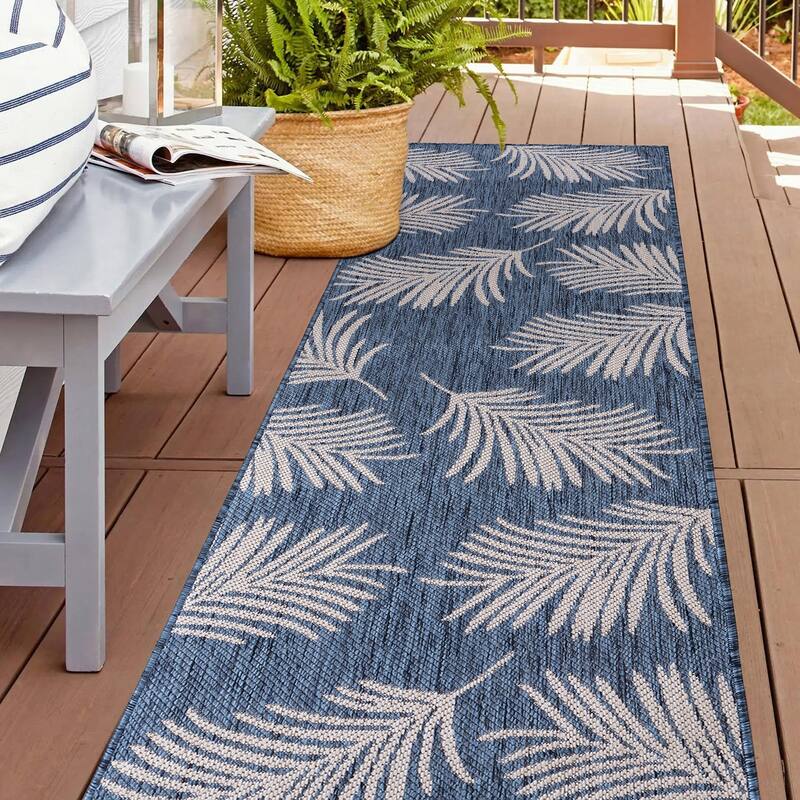 World Rug Gallery Contemporary Palm Leaves Textured Flat Weave Indoor/Outdoor Area Rug - 2'x7' Runner - Blue