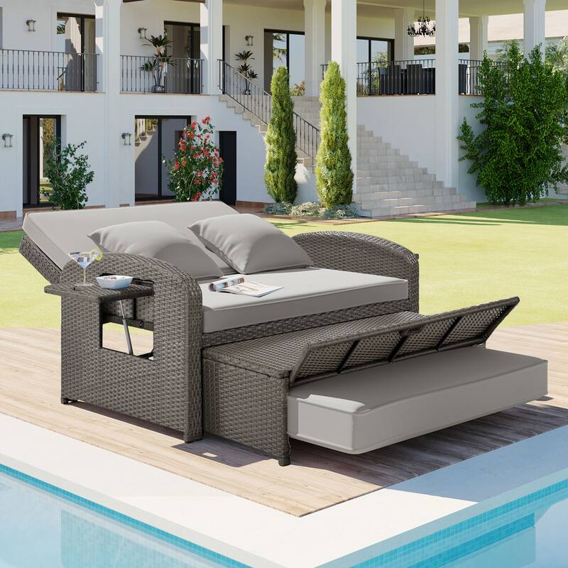 Outdoor Double Reclining Chaise Lounge with Cushions and Waterproof Cover, Adjustable Backrest and Hidden Footrest Storage
