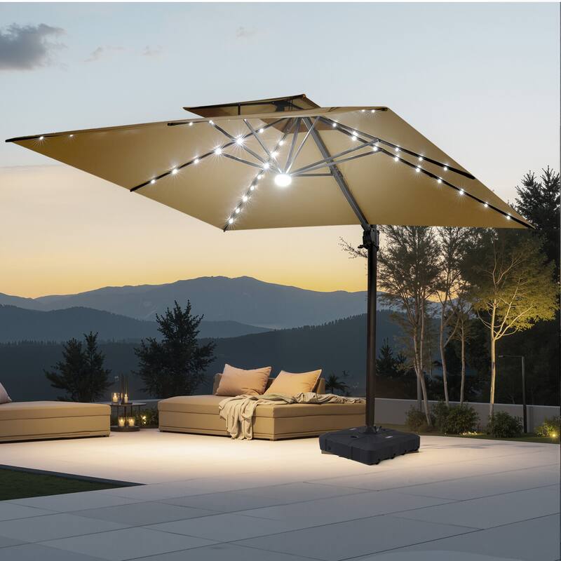 VredHom 11X11 FT Outdoor Square Cantilever Patio Aluminum Umbrella Solar LED Light with Wheel Base - Tan