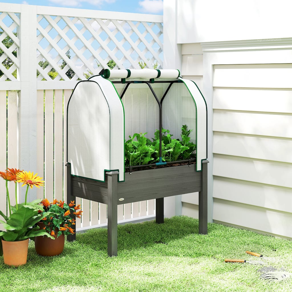 Outsunny Raised Garden Bed with PE Greenhouse Cover Outdoor Elevated Wood Planter Box , 35 x 22 x 47 inch