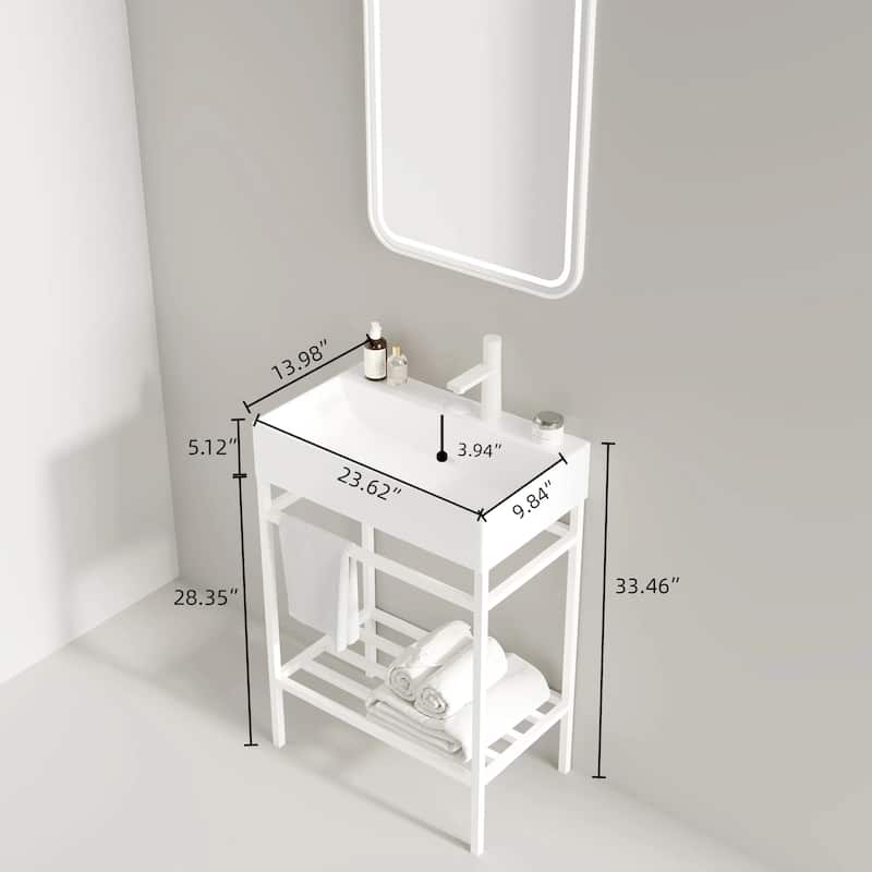 24" Bathroom Vanity with Ceramic Sink, Glossy Red Rectangular Basin, Freestanding Design with Open Metal Le