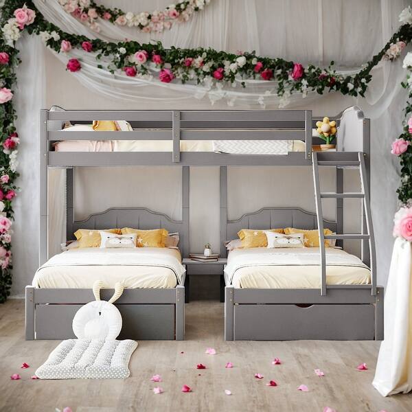 slide 2 of 20, Simple Full Over Twin & Twin Triple Bunk Bed With Drawers and Guardrails Grey