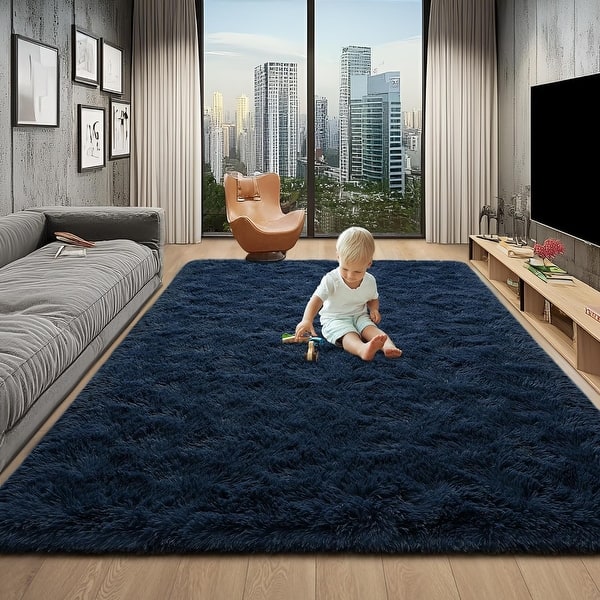 slide 2 of 54, Living Room Bedroom Super Soft Pile Area Rug, Modern Shaggy Rugs, Non-Slip Pile Rugs for Kids 9'x12' - Navy Blue - Rectangle