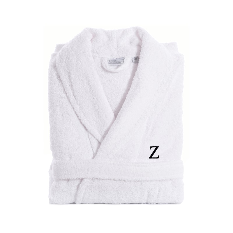 Authentic Hotel and Spa White With Black Monogram Turkish Cotton Unisex Terry Bath Robe - S/M - Z