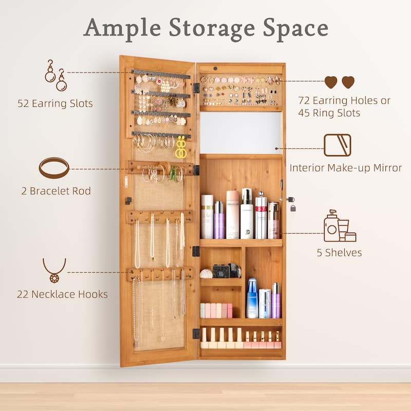 Wall-Mounted Solid Wood Jewelry Cabinet with Full-Length Mirror, 47.5x14.3 Inch, Lockable Organizer with LED Lighting‌.