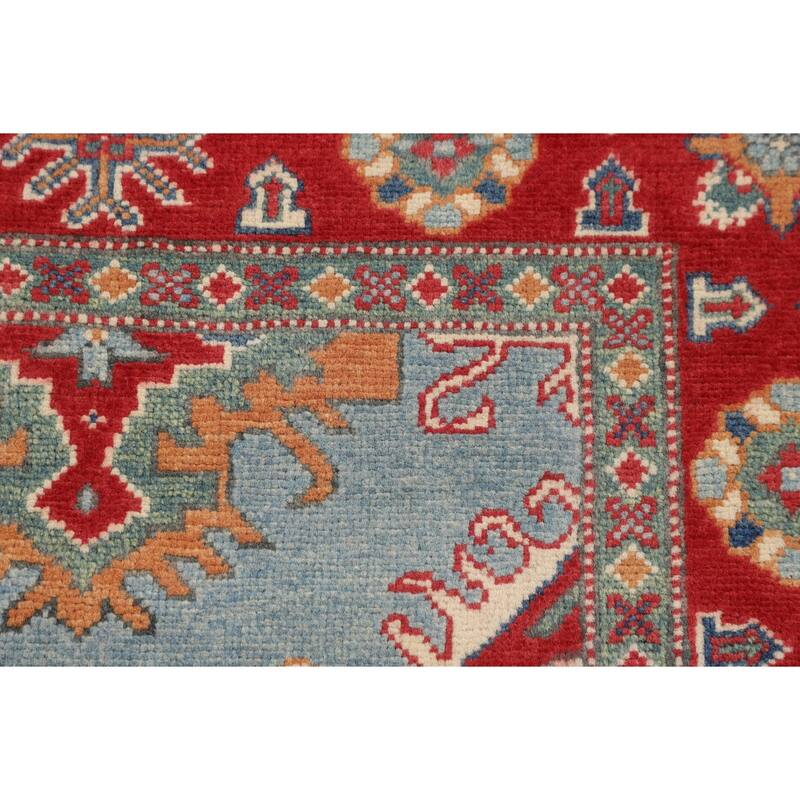 Light Blue Geometric Kazak Rug Hand-Knotted Wool Carpet - 3'1" x 5'3"