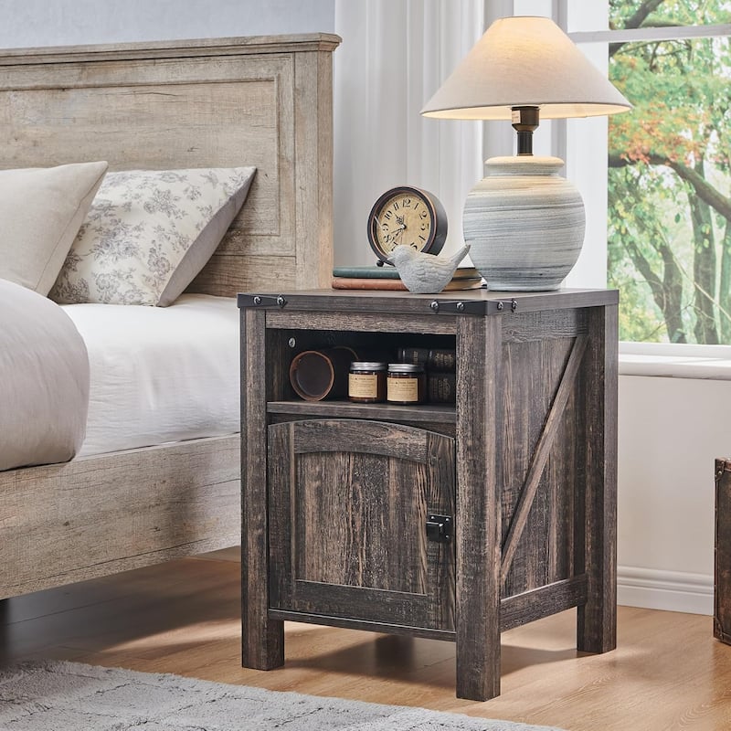 Farmhouse Nightstand with Charging Station, Wood End Table, Side Table