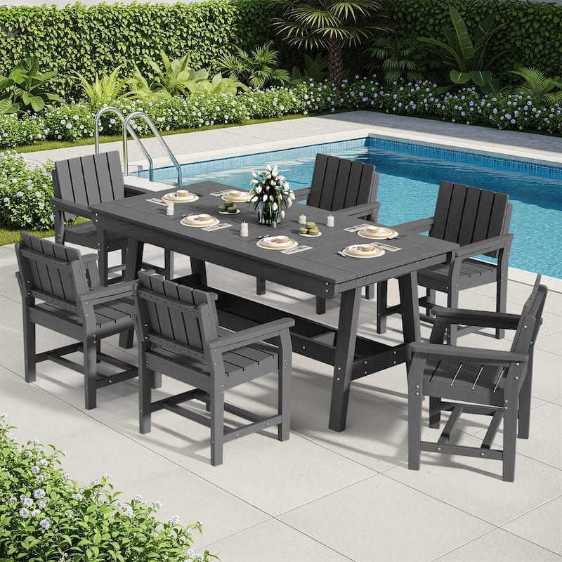 7-Piece HDPE Outdoor & Indoor Dining Set, Rectangular 67.91in L Table with Umbrella Hole and 6 Chairs Set of 7, Wood-Look Finish - Grey
