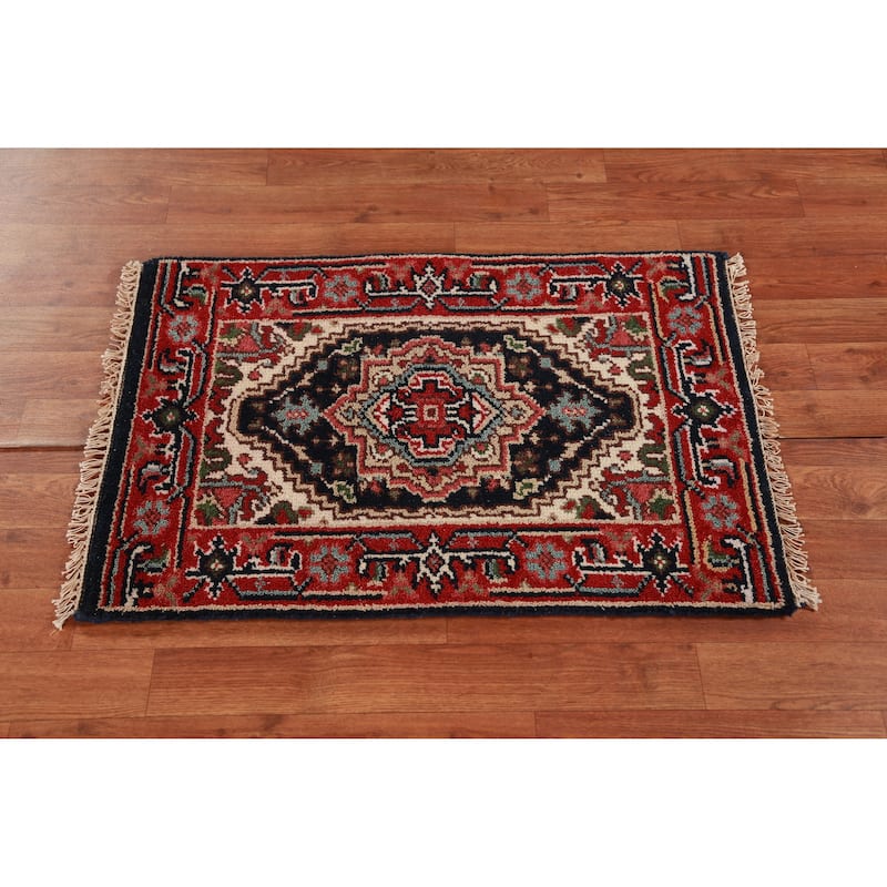 Hand Knotted Oriental 100% Wool Carpet Traditional Medallion Navy Blue & Blues Heriz (serapi) Area Rug - 3' 0'' X 2' 0''