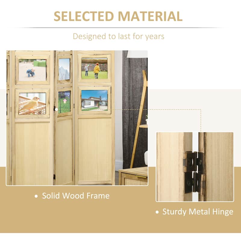 4 Panel Room Divider, 5.6' Indoor Wood Portable Folding Privacy Screens with Photo Frames and Cardstocks