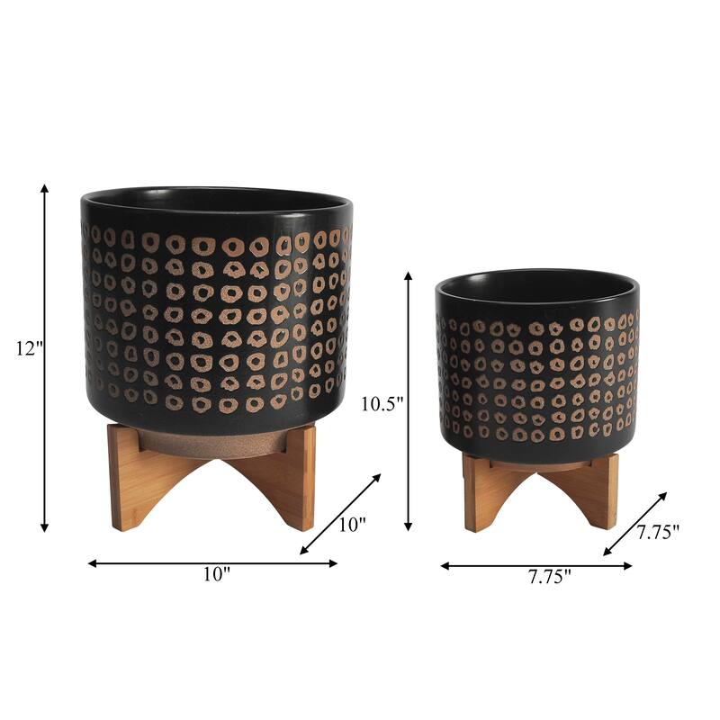 Sagebrook Home Neutral Tan and Brown Ceramic Dotted Planter with Wood Stand Indoor Outdoor