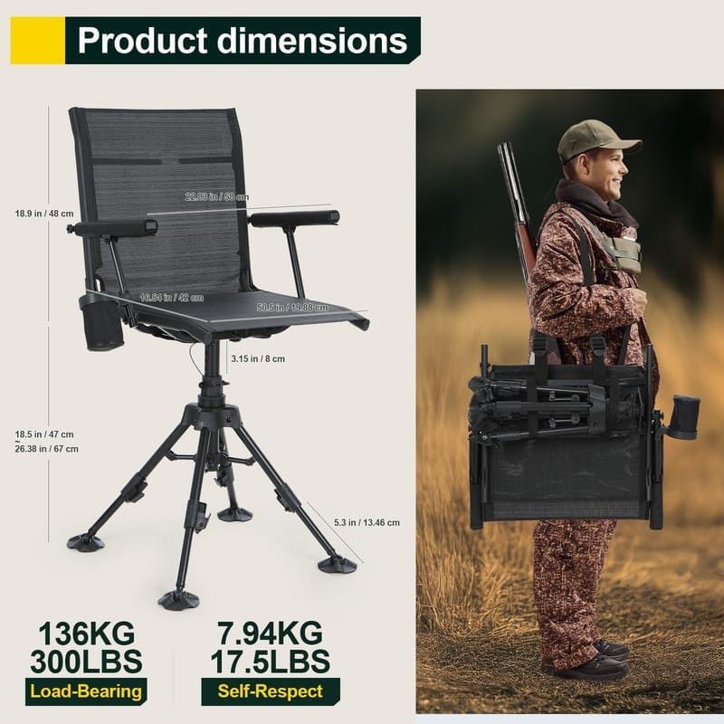 360 Degree Swivel Hunting Chair, Silent Adjustable Blind Seat with Armrests, Cup Holder, No-Sink Feet & Carry Strap