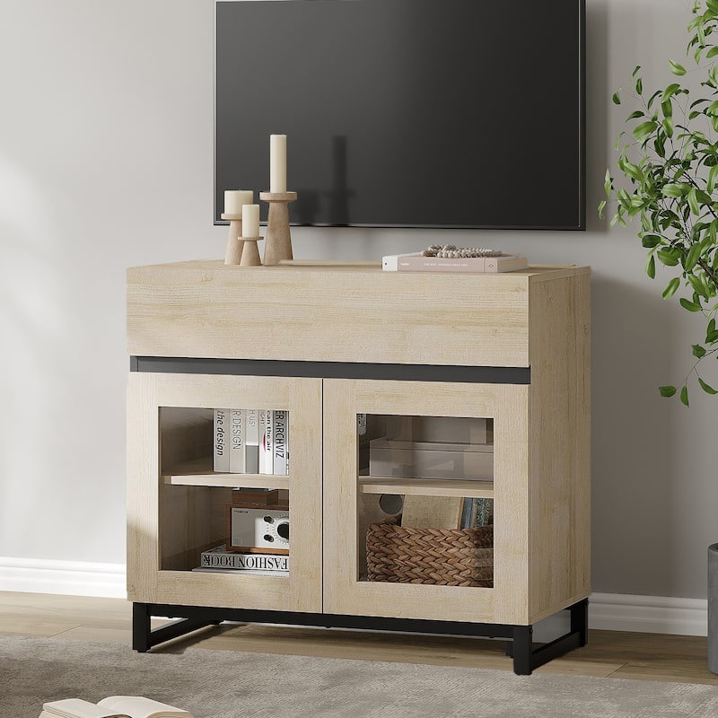WAMPAT Modern TV Stand with Glass Doors for 110 inch TVs, Entertainment Center Console with 3 Drawers and Metal Base